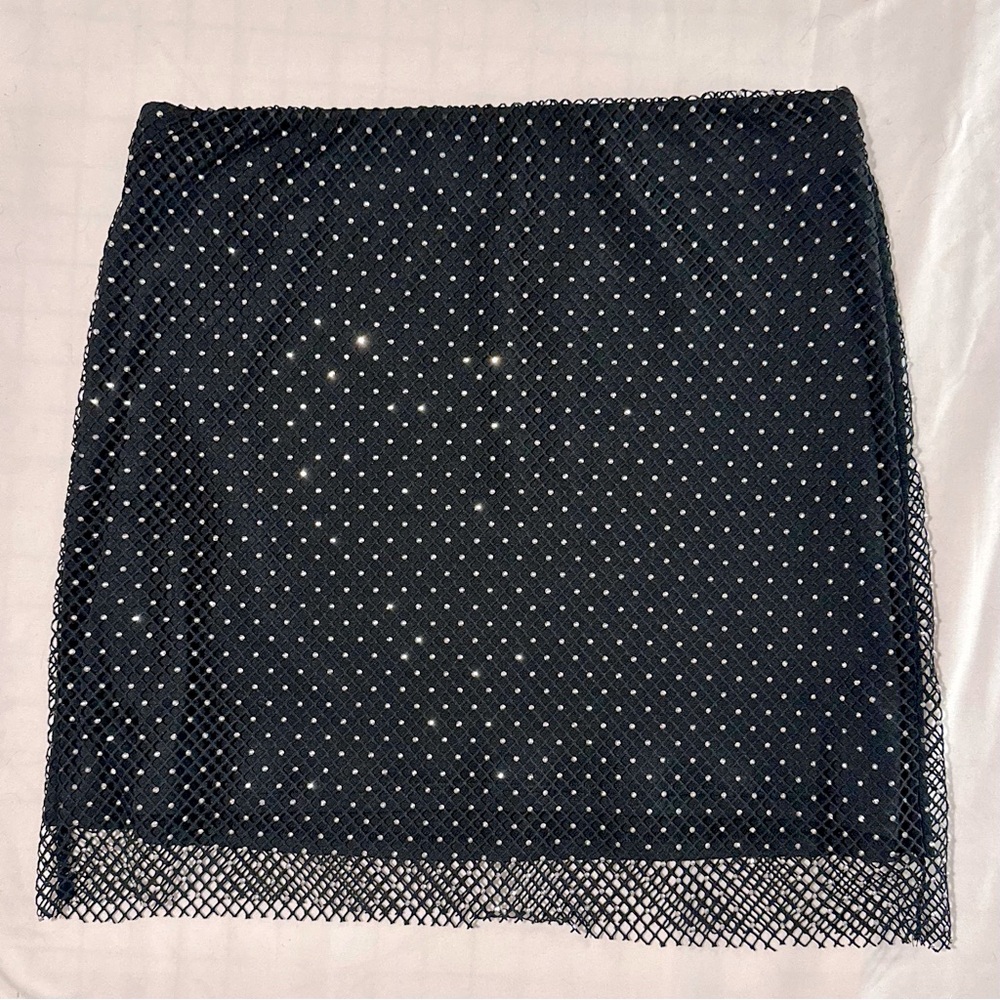 Mesh black skirt with fishnet overlay & rhinestones